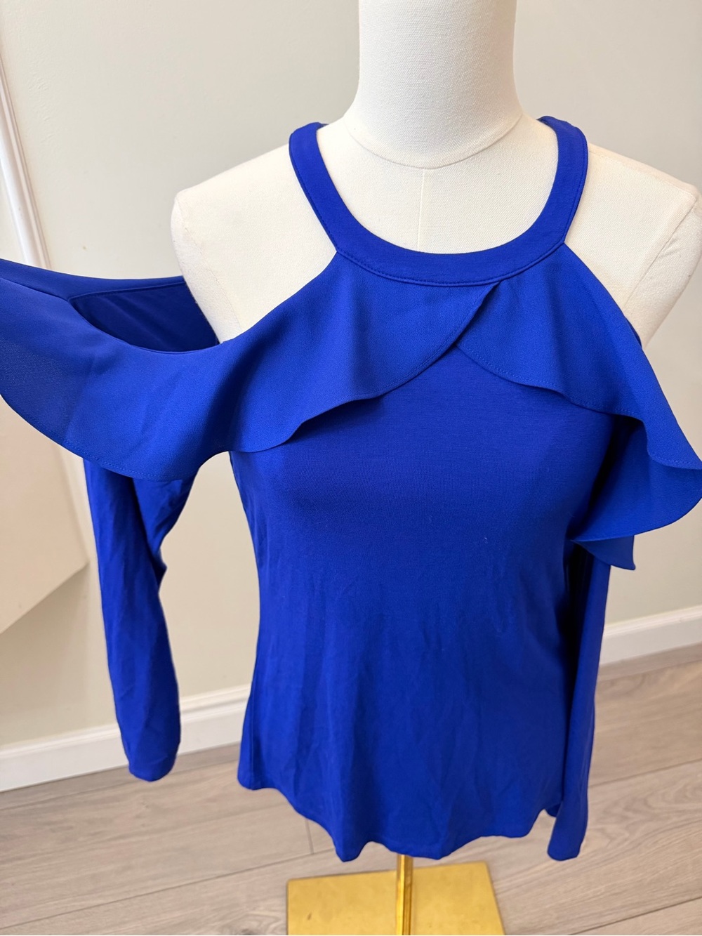 INC International Concepts Cobalt Blue Cold-Shoulder Ruffle Knit Top - Picture 3 of 6